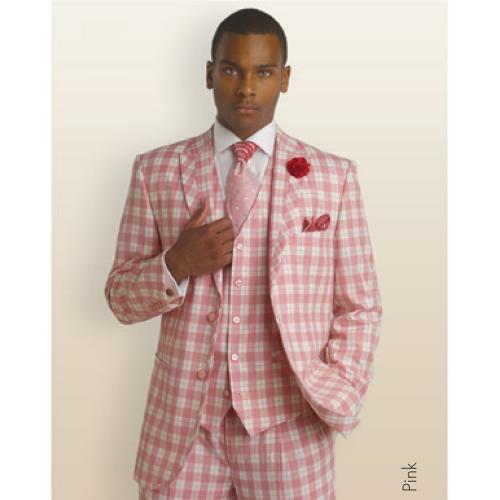 E. J. Samuel Pink Checks Vested Suit M2655